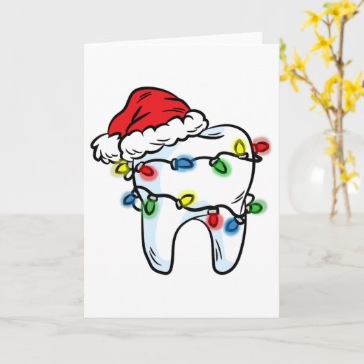 Tooth Christmas Light Santa Hat Dentist Dental Hyg カード (黄色い花)