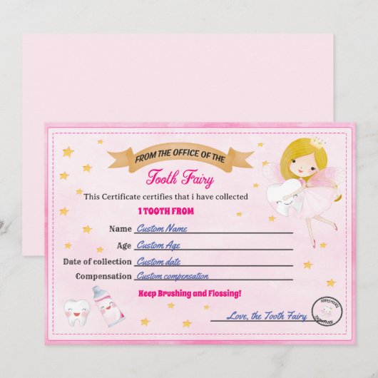 Tooth Fairy Certificate - Lost Tooth Receipt 招待状 (正面/裏面)