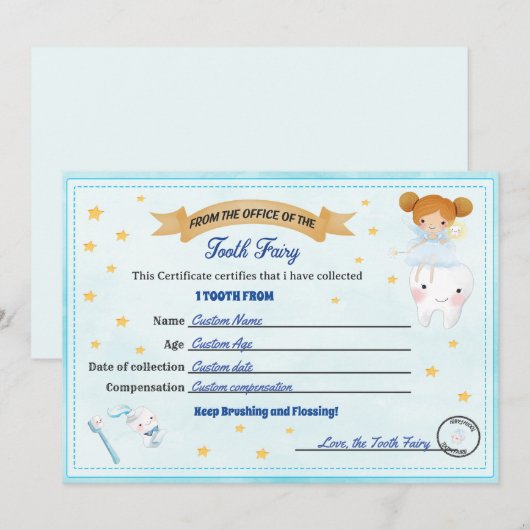 Tooth Fairy Certificate - Lost Tooth Receipt 招待状 (正面/裏面)