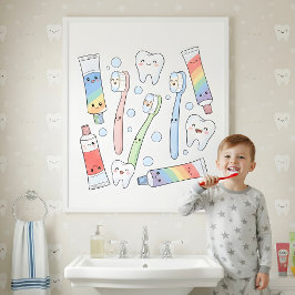 Toothbrush Party Kids Bathroom Wall Art ポスター