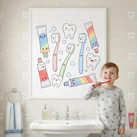 Toothbrush Party Kids Bathroom Wall Art ポスター