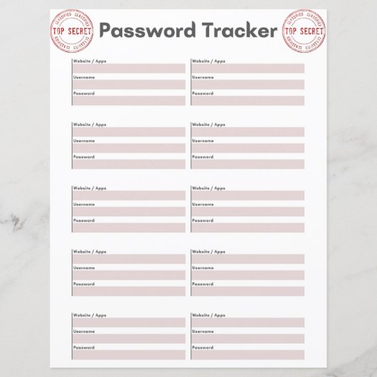 Top Secret Password Tracker紙・シート (裏面)