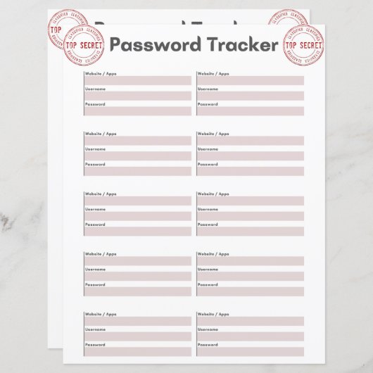 Top Secret Password Tracker紙・シート (正面/裏面)