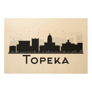 Topeka、カンザス の黒く及び白い都市スカイライン ウッドウォールアート