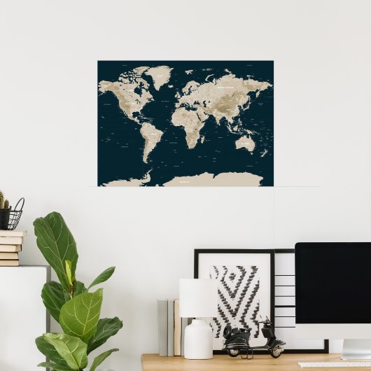 Topographic Map of the World in Tan ポスター (ホームオフィス)