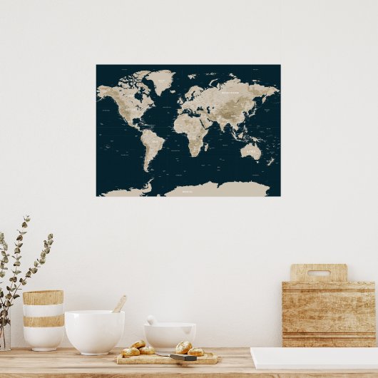 Topographic Map of the World in Tan ポスター (キッチン)