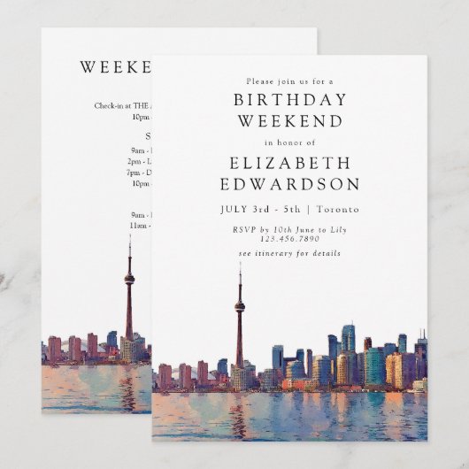 Toronto Skyline Watercolor Birthday Weekend 招待状 (正面/裏面)