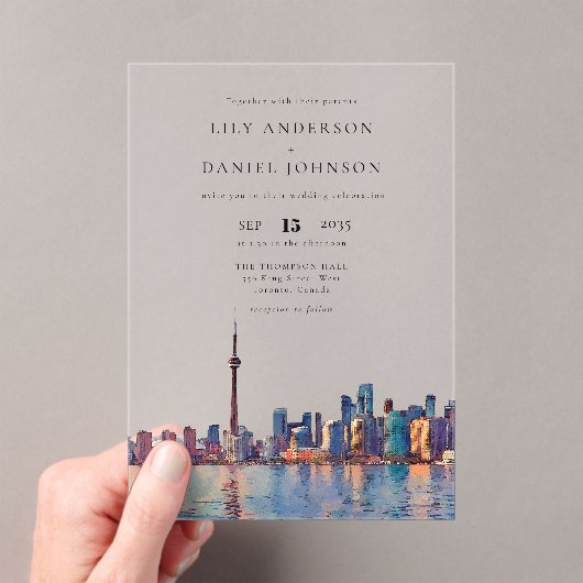 Toronto Skyline Watercolor Destination Wedding アクリル招待状 (インサイチュ (ポータブル))