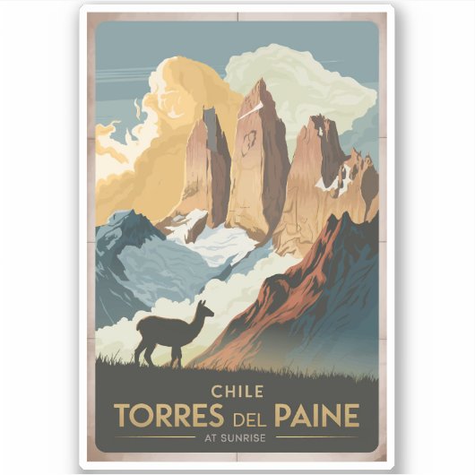 Torres del Paine Chile Illustration Travel Art シール (正面)