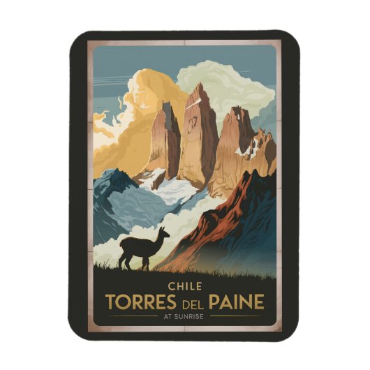 Torres del Paine Chile Illustration Travel Art マグネット (縦)