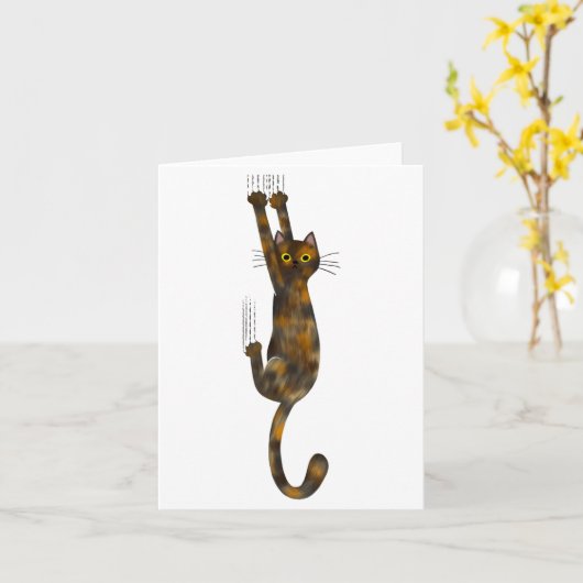 Tortoise Shell Cat Hanging On Funny Tortie Cat  カード (黄色い花)