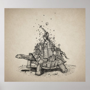 Tortoise Town - pen and ink illustration ポスター