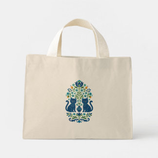 Tote Bag - Blue Folk Art Cats – Whimsical Floral C ミニトートバッグ