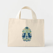 Tote Bag - Blue Folk Art Cats – Whimsical Floral C ミニトートバッグ (正面)