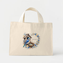 Tote Geai bleu sur nichoir – Illustration florale  ミニトートバッグ