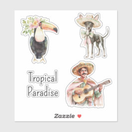 Toucan Bird Chihuahua Dog Mexican Man Guitar シール