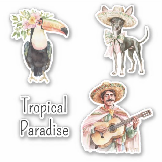 Toucan Bird Chihuahua Dog Mexican Man Guitar シール (正面)