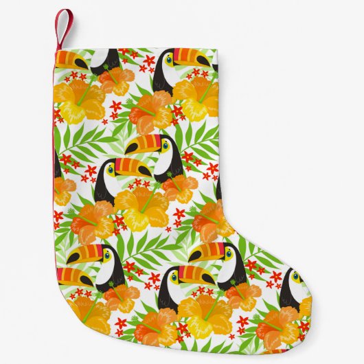 Toucan Bird Orange Flowers Green Leaves Tropical スモールクリスマスストッキング (正面)