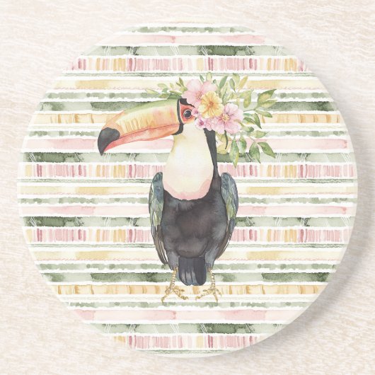 Toucan Bird Pink Green Stripes コースター (正面)