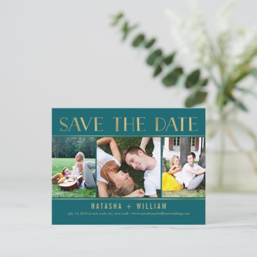 Touchの金ゴールド編集可能なカラーのコラージュ日付を保存 案内ポストカード (スタンド正面)