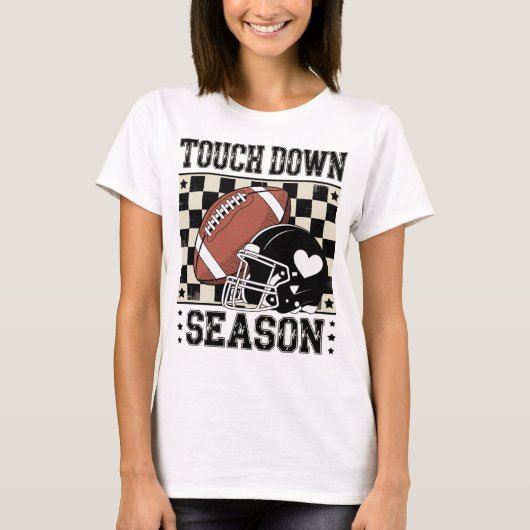 Touchダウンシーズンサッカーヘルメット&ボー市松模様にル Tシャツ (正面)