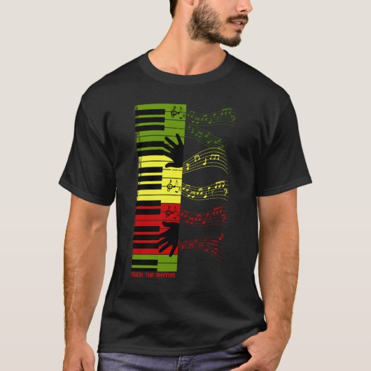 Touch the Rhythm – カラフルピアノ鍵盤ミュージックアート Tシャツ (正面)