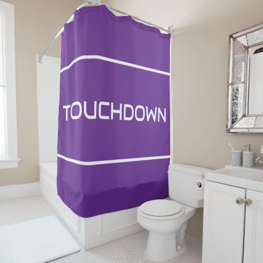 TOUCHDOWN Modern White Text Stripes On Bold Purple シャワーカーテン (インサイチュ)