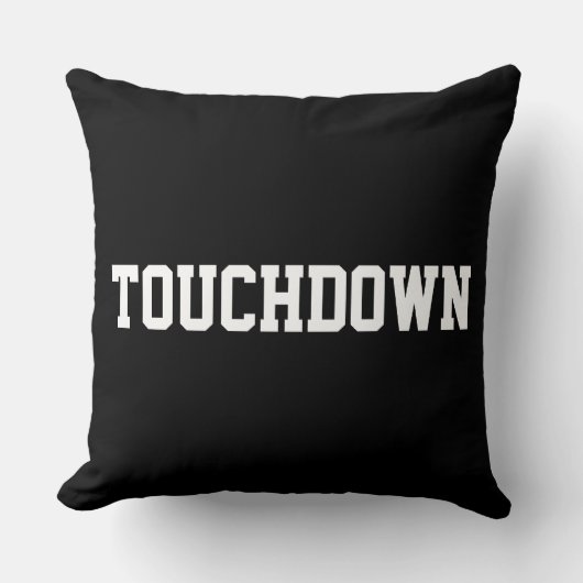 TOUCHDOWN Sporty White Football Text On Bold Black クッション (正面)