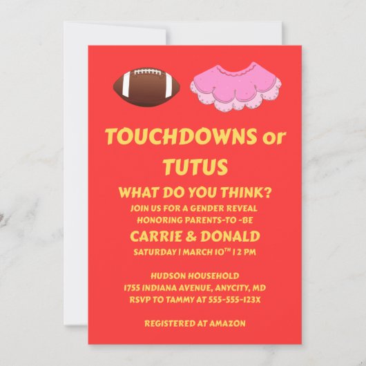 Touchdowns or Tutus gender reveal party 招待状 (正面)