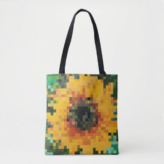 Tournesol pixelisé en jaune vif sur fond vert トートバッグ