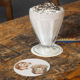  Tow cuteRomantic Floral Hedgehog Duo Illustration ガラスコースター