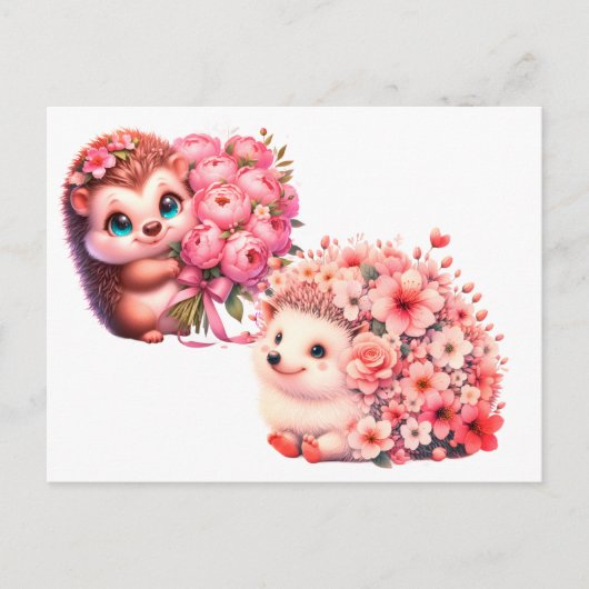  Tow cuteRomantic Floral Hedgehog Duo Illustration ポストカード (正面)