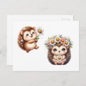  Tow cuteRomantic Floral Hedgehog Duo Illustration ポストカード (正面/裏面)
