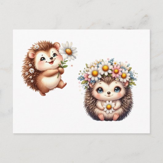  Tow cuteRomantic Floral Hedgehog Duo Illustration ポストカード (正面)
