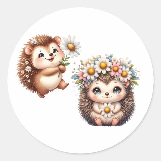  Tow cuteRomantic Floral Hedgehog Duo Illustration ラウンドシール (正面)