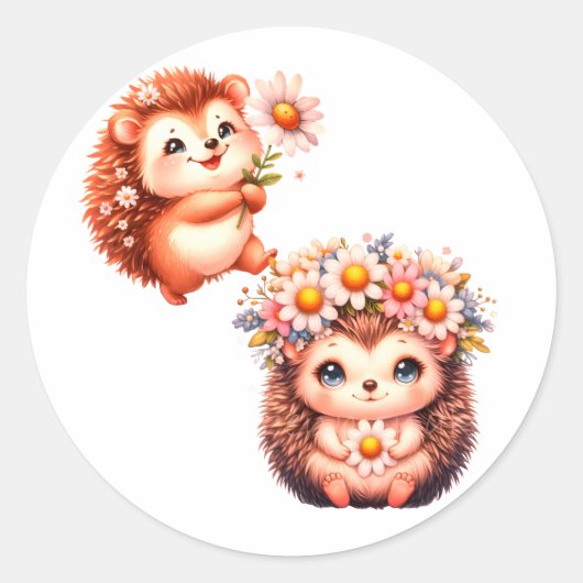  Tow cuteRomantic Floral Hedgehog Duo Illustration ラウンドシール (正面)