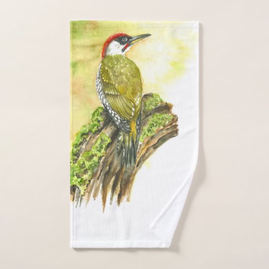Towel with Watercolor Green Woodpecker ハンドタオル (ハンドタオル)