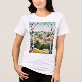 Town on a hill seen through birch trees トライブレンドTシャツ
