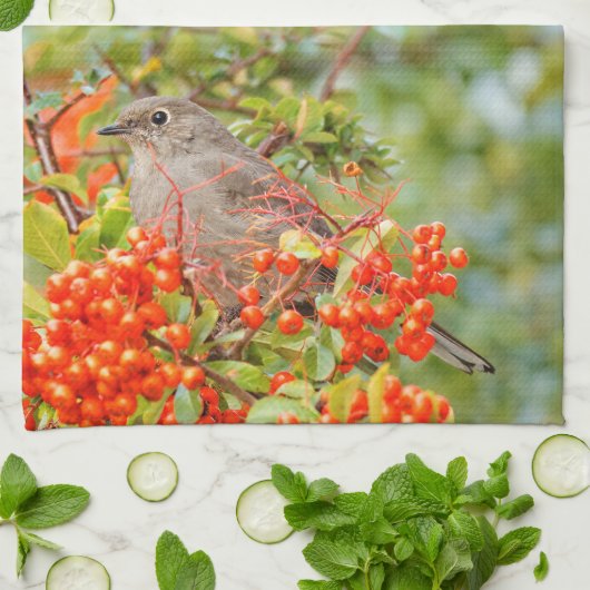 Townsend's Solitaire Songbird on the Pyracantha キッチンタオル (折り畳み)