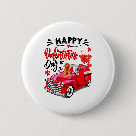 Toy Odle Heart Red Truck Happy Valentine Day Dog 缶バッジ (正面)