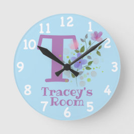 Traceyという名前とイニシャルが入ったフラワーデザインの時計 ラウンド壁時計