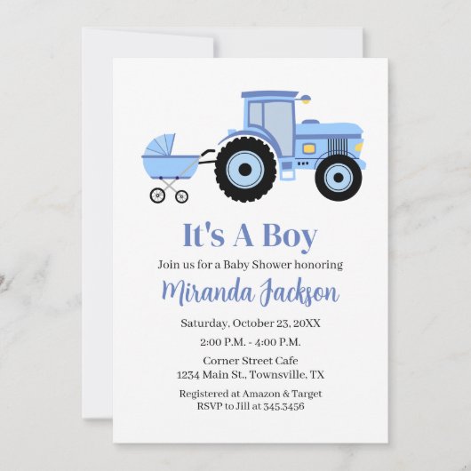 Tractor Baby Shower Invitation Blue 招待状 (正面)