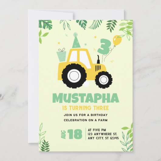 Tractor Birthday  Farm Theme Boy 3rd Birthday 招待状 (正面)