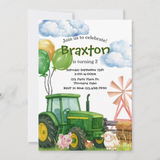 Tractor Birthday, Green Tractor Farm birthday 招待状 (正面)