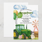 Tractor Birthday, Green Tractor Farm birthday 招待状 (正面/裏面)