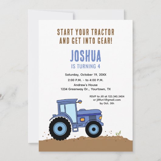 Tractor Birthday Invitation blue tractor 招待状 (正面)