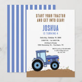 Tractor Birthday Invitation blue tractor 招待状 (正面/裏面)