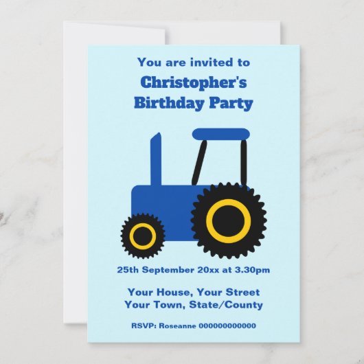 Tractor Design Personalised Birthday Party 招待状 (正面)