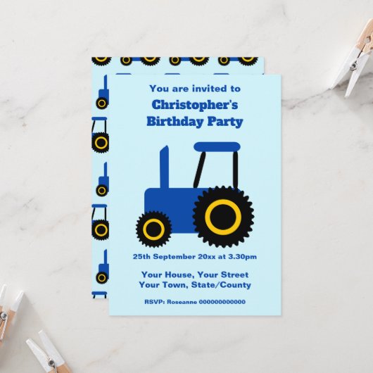 Tractor Design Personalised Birthday Party 招待状 (正面/裏面インサイチュ)