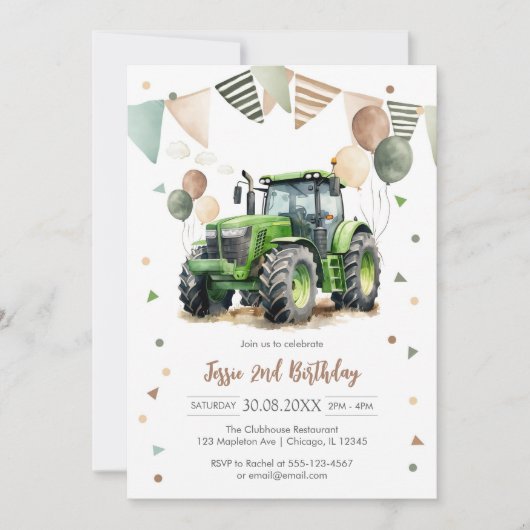 Tractor Farm Kids Boy Birthday Invitation 招待状 (正面)